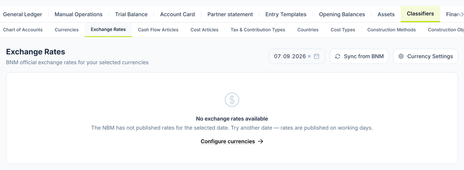 The Exchange Rates screen, before you tick any currency