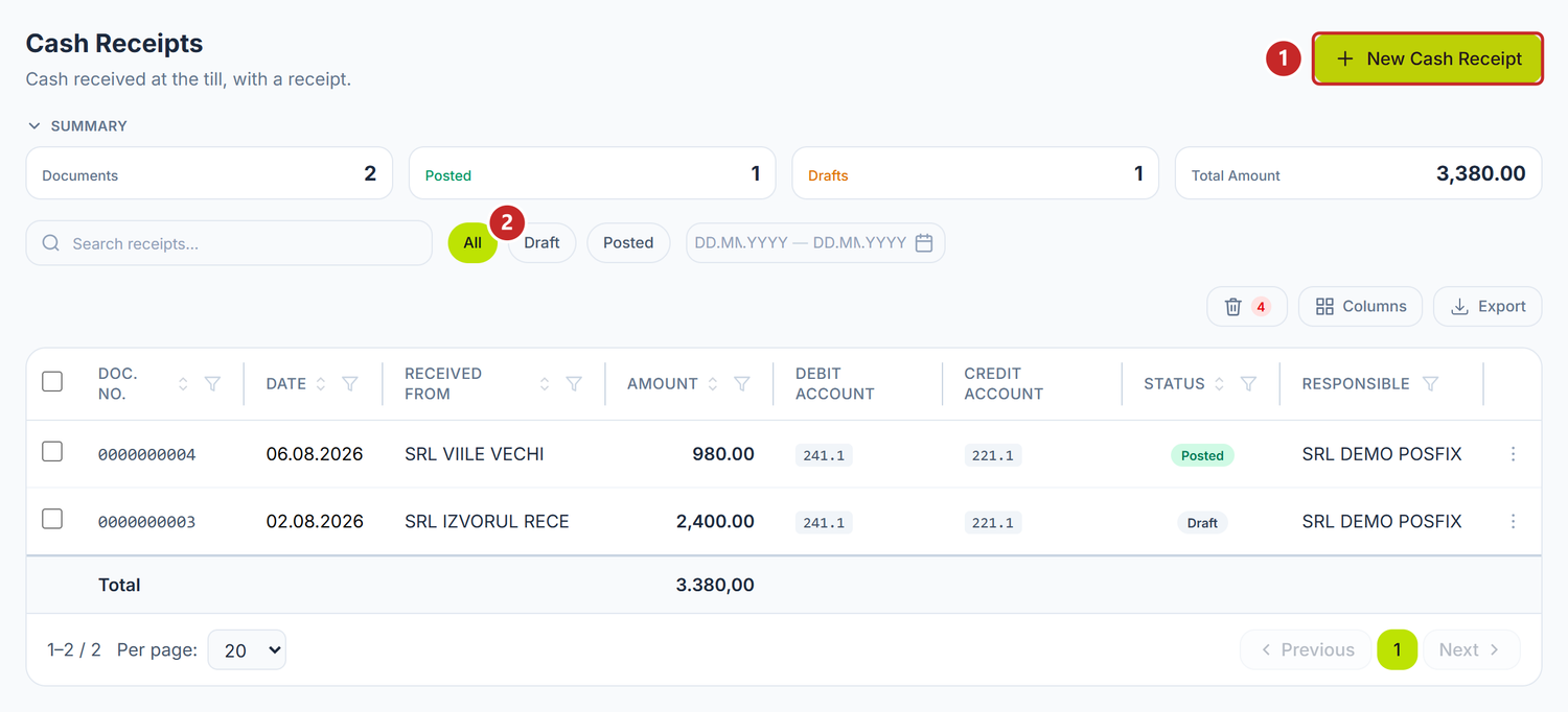 The cash receipt list, with the create button and the status filter