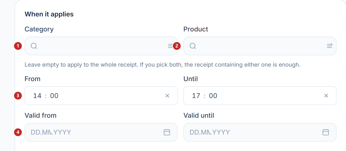 The conditions of the category discount at certain hours
