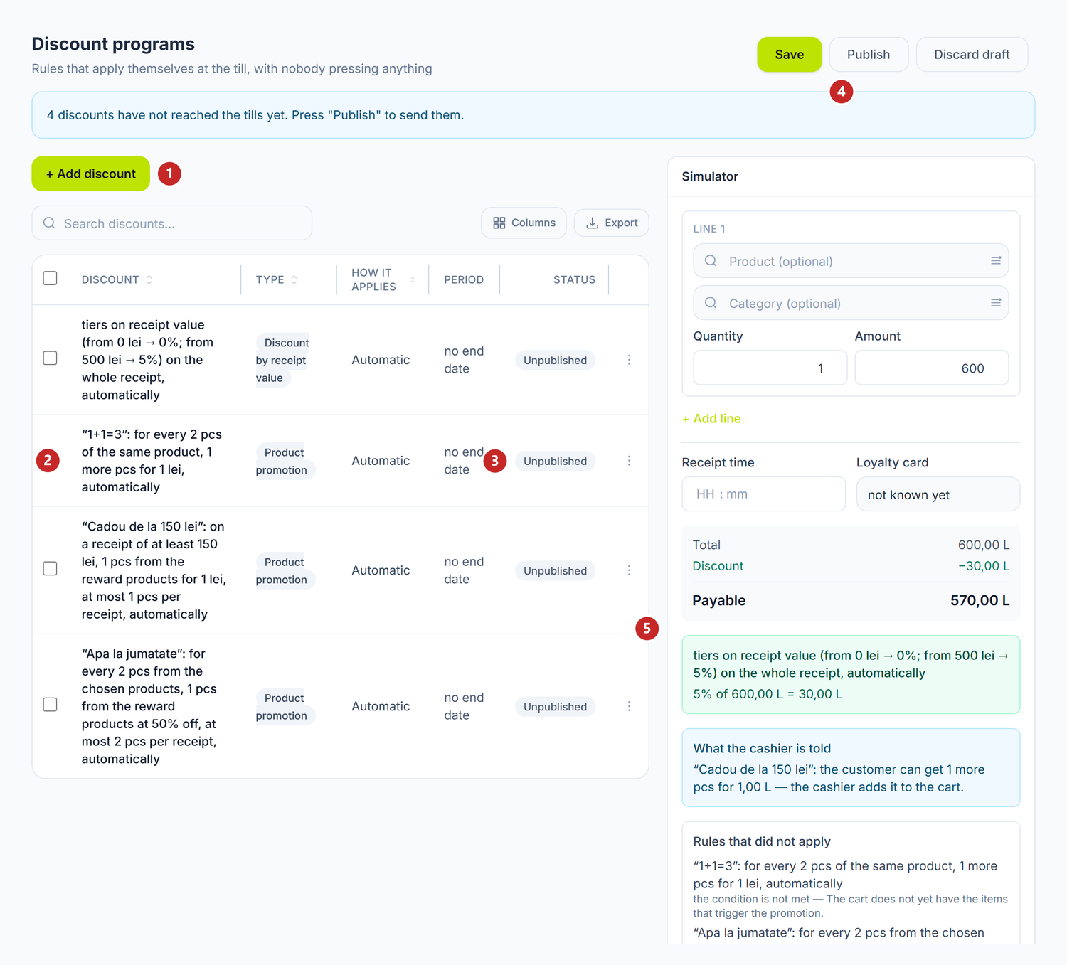 The list of discount rules, with the simulator on the right
