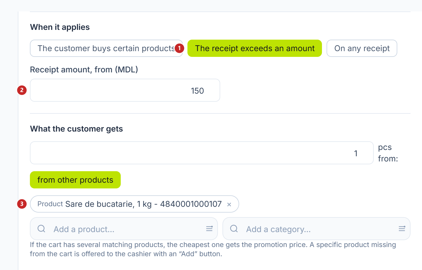 The promotion started by the receipt amount, with the product received