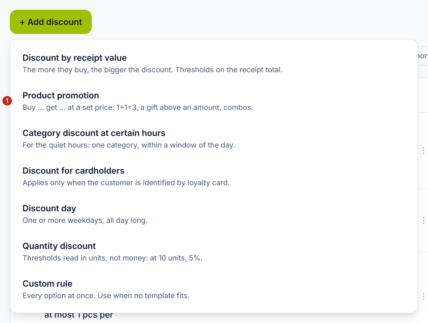The list of templates, opened by the Add discount button