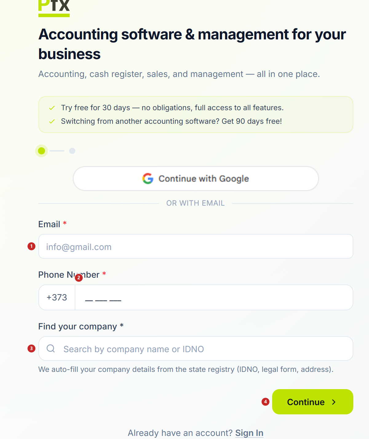 The sign-up form, with the three fields and the Continue button