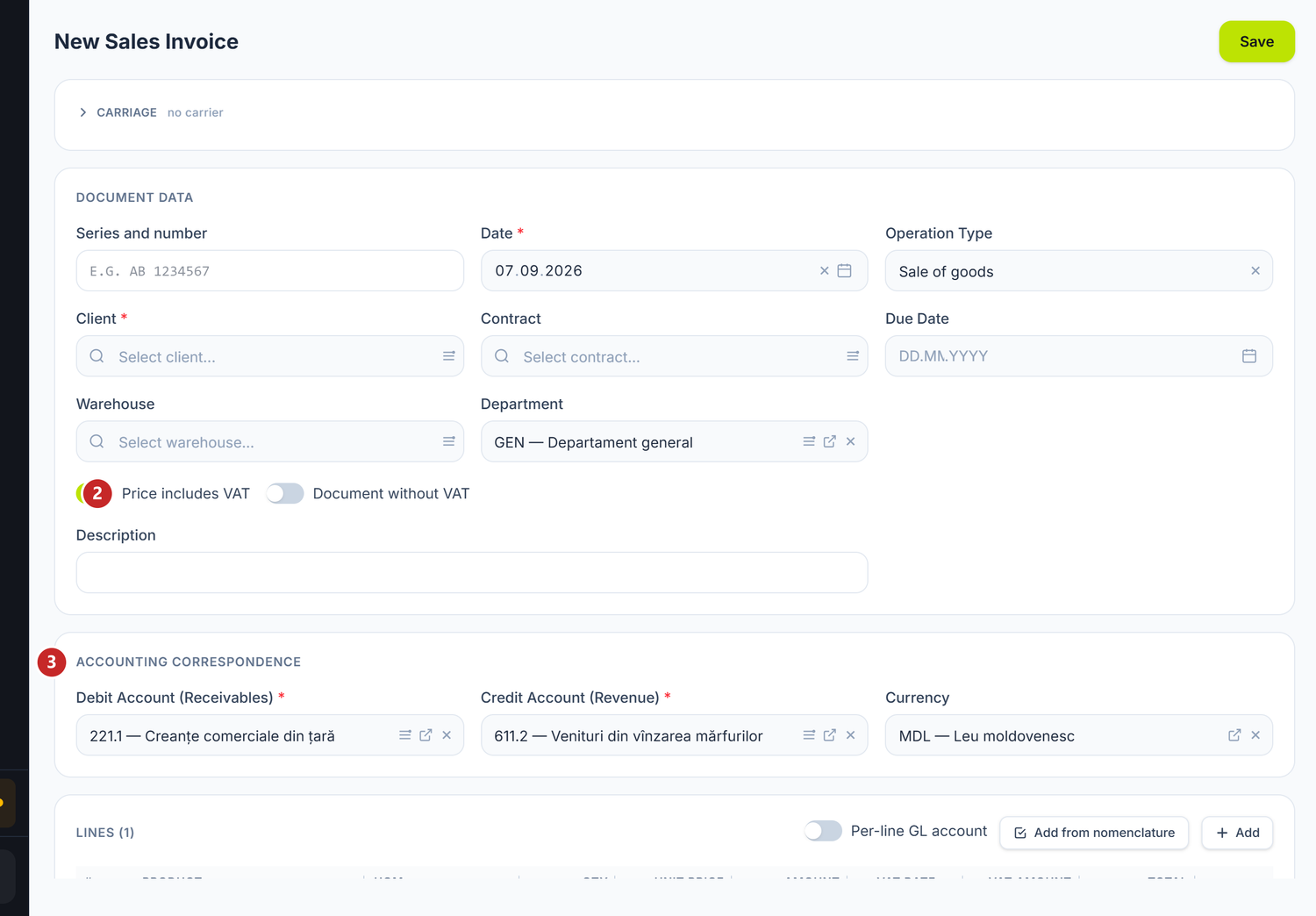The sales document form