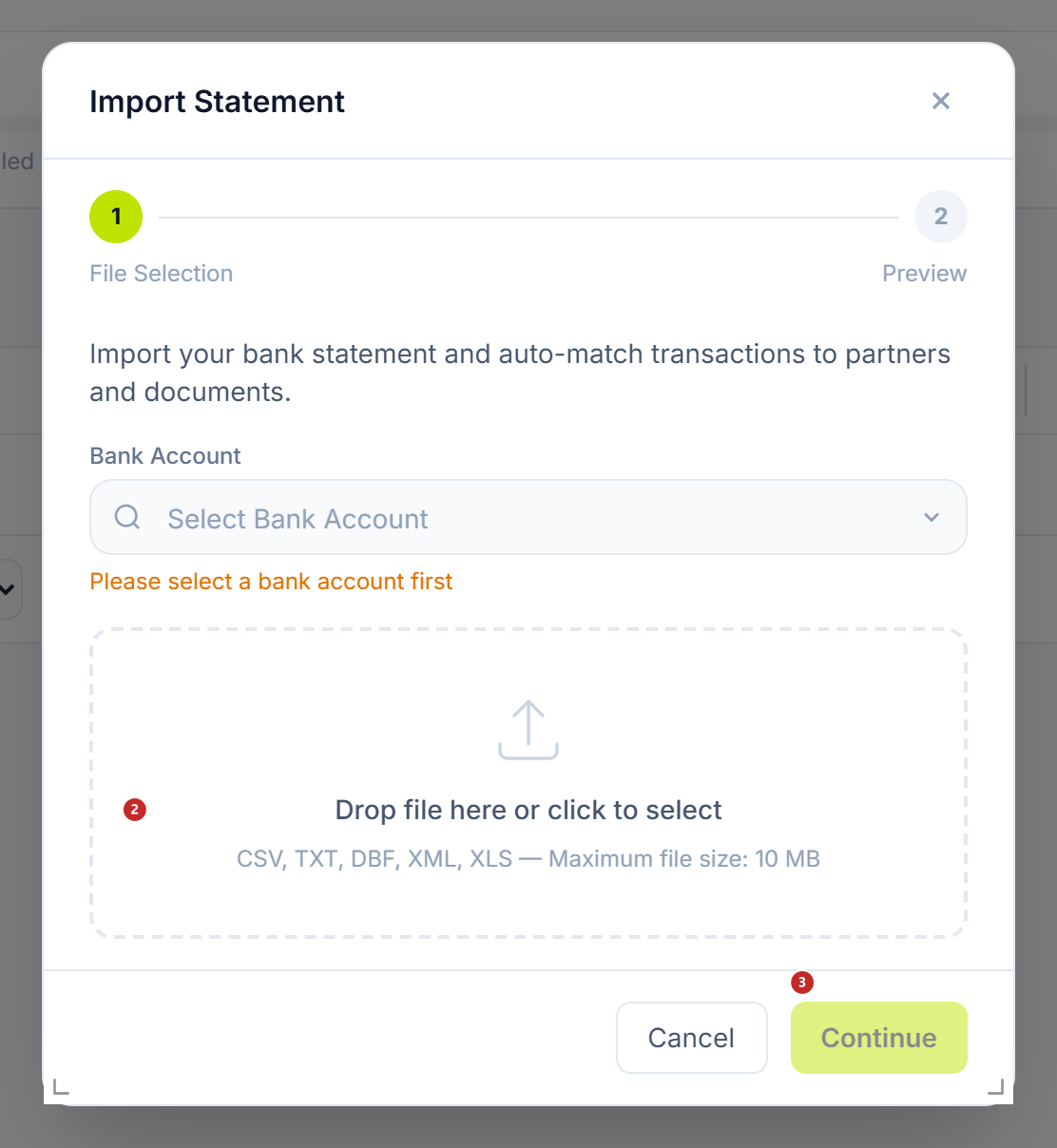 The import window, the File Selection step