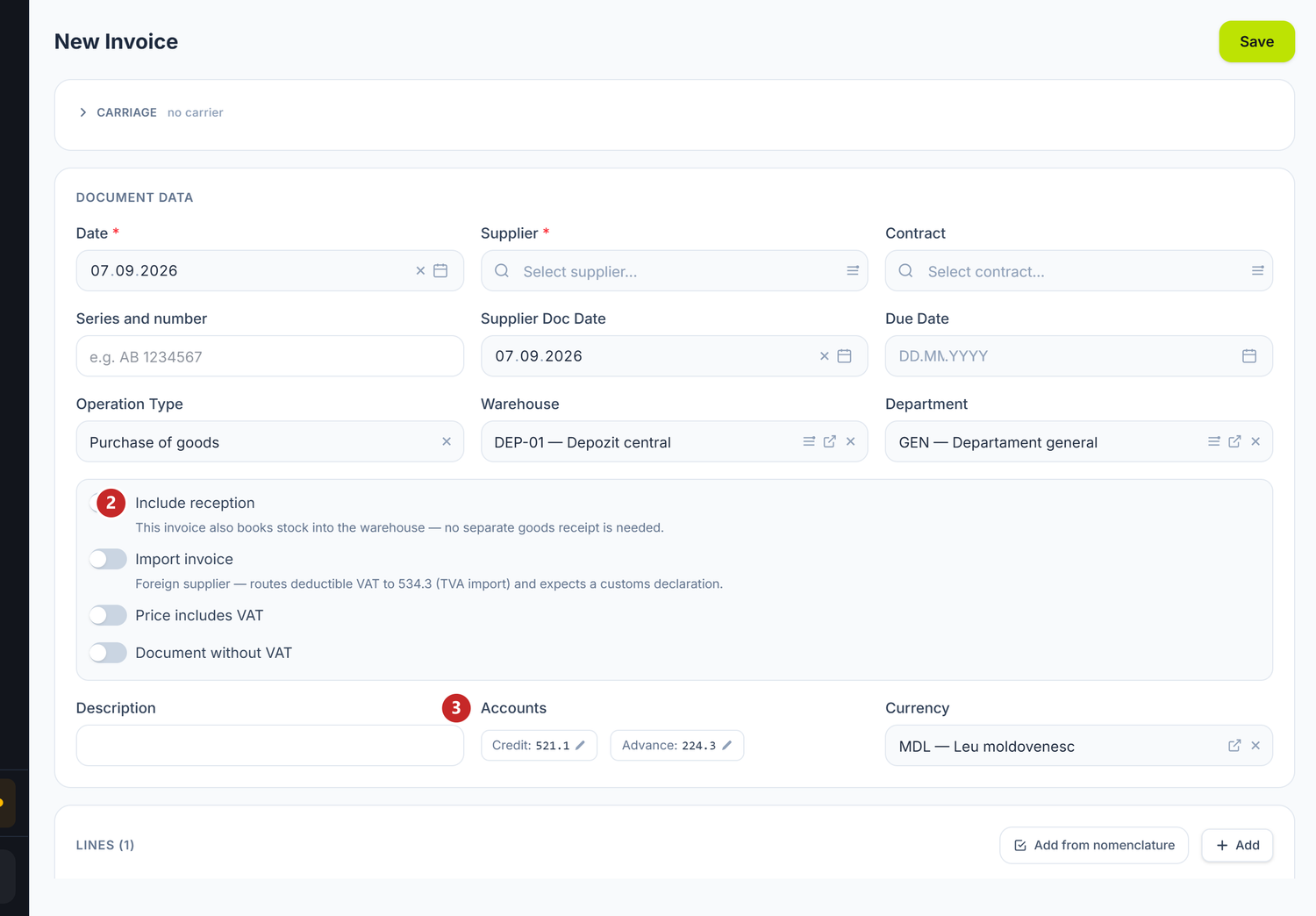 The supplier invoice form