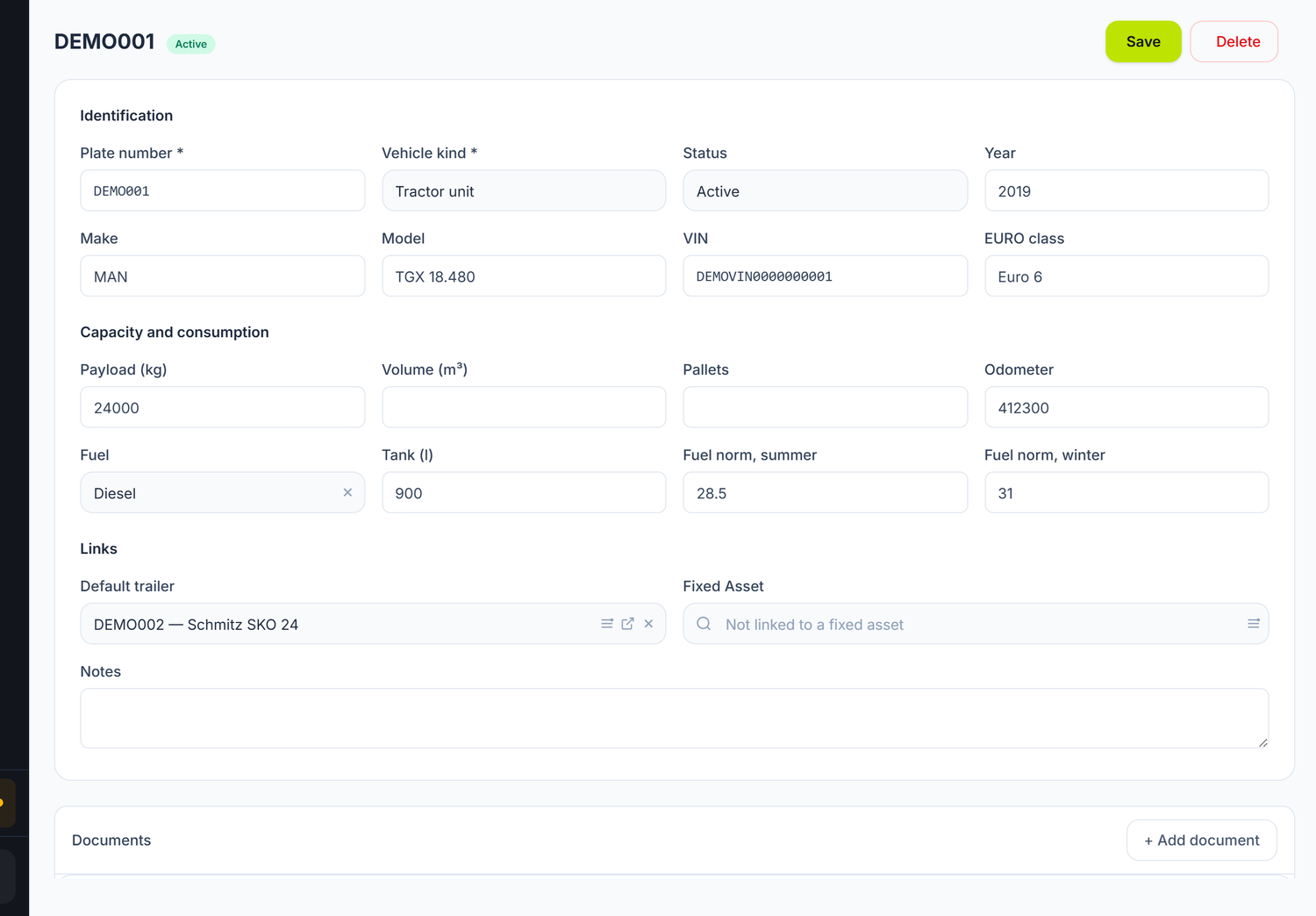 The vehicle card, with identification, capacity and documents