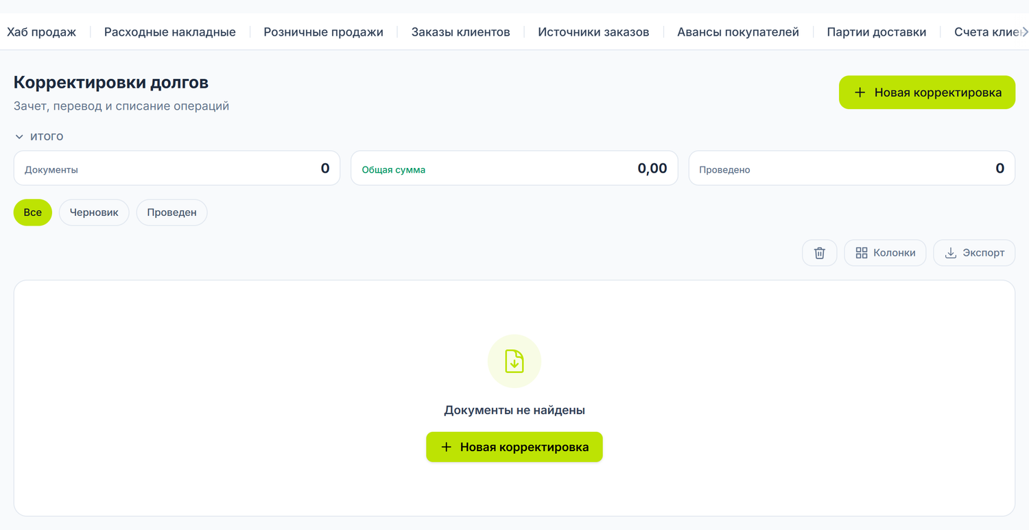Список корректировок долгов