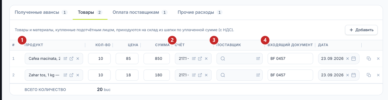 Вкладка «Товары»