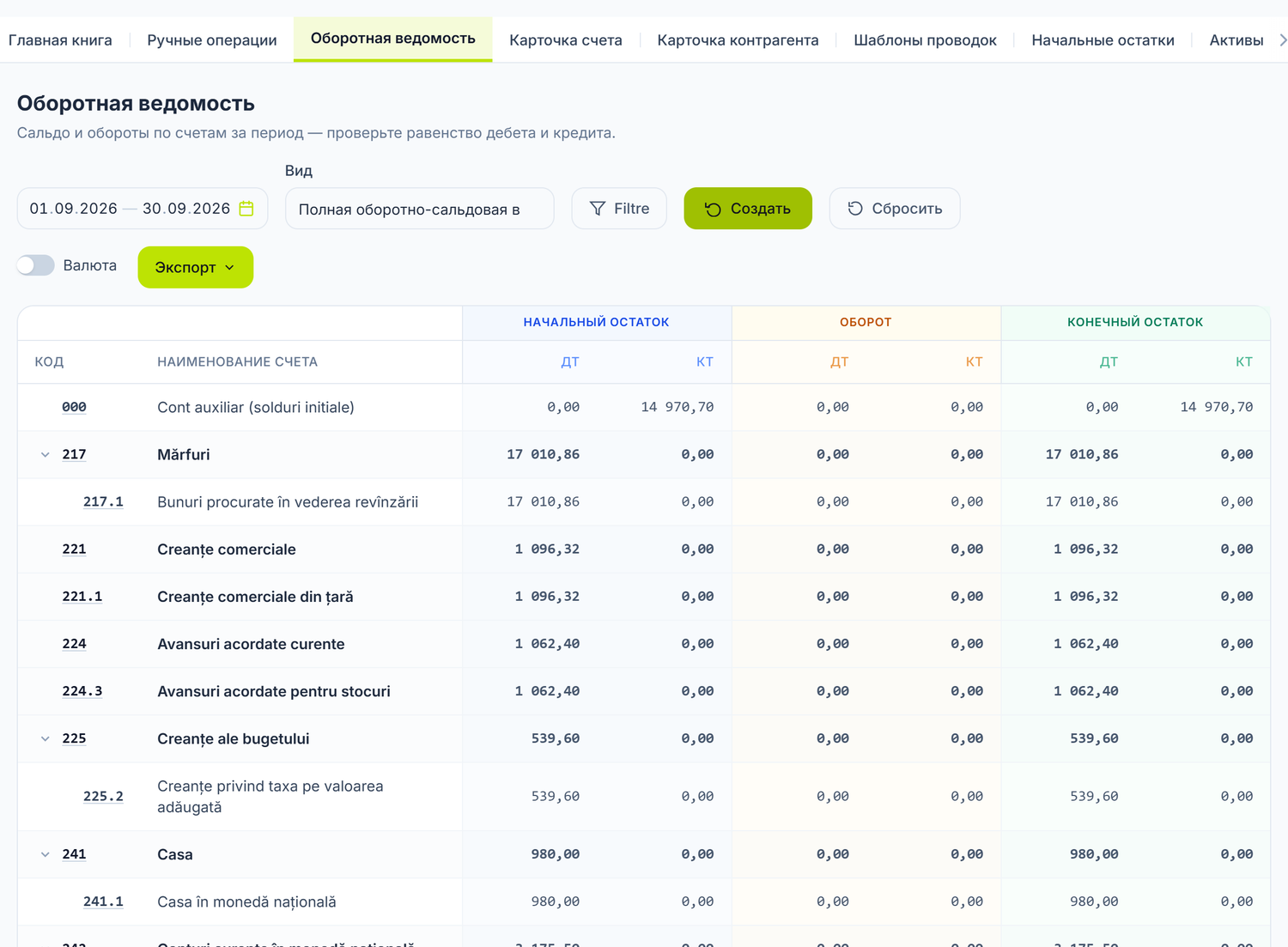 Открытая панель фильтров ведомости