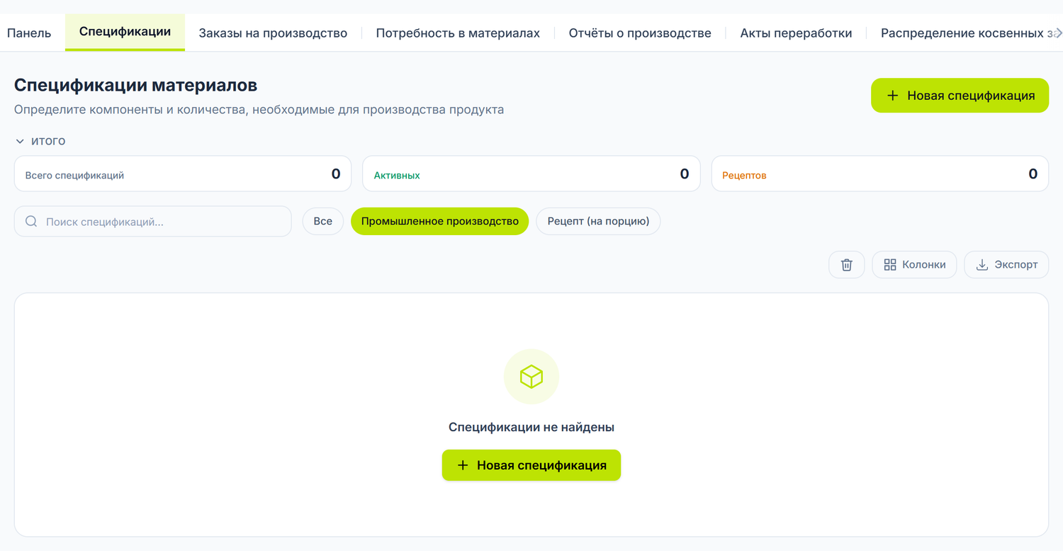 Спецификации производства
