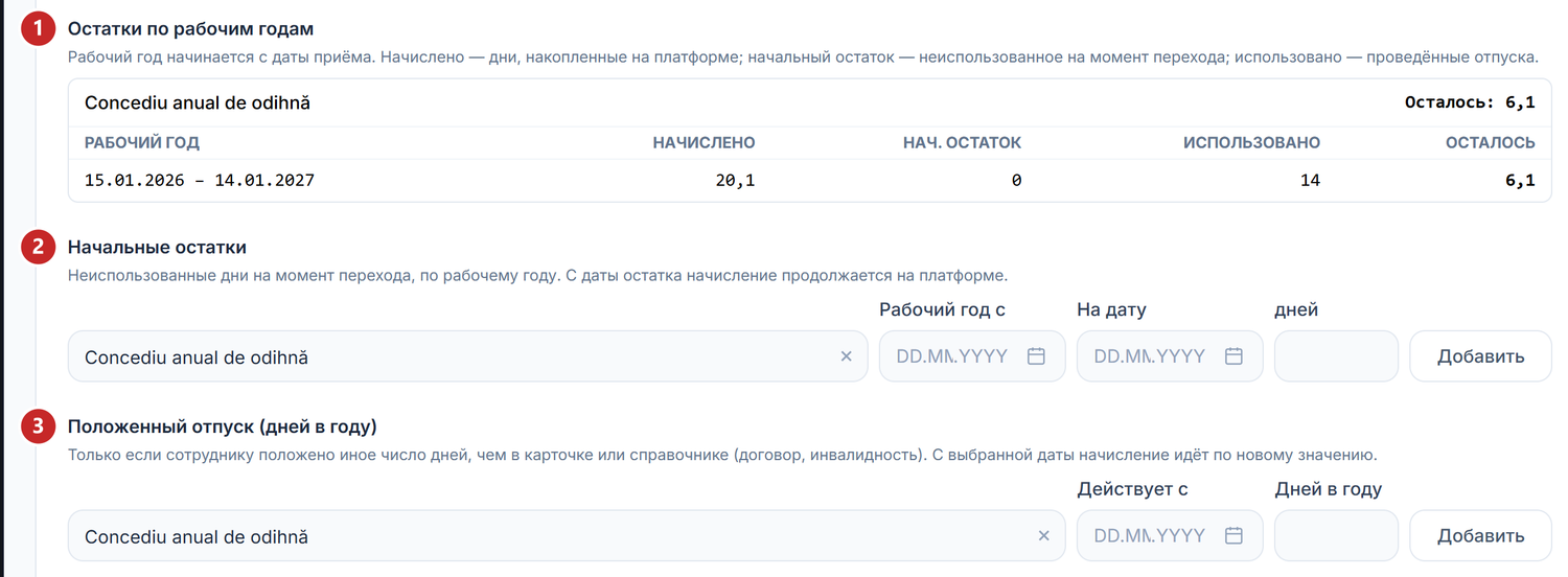 Карточка сотрудника, вкладка «Отпуска»