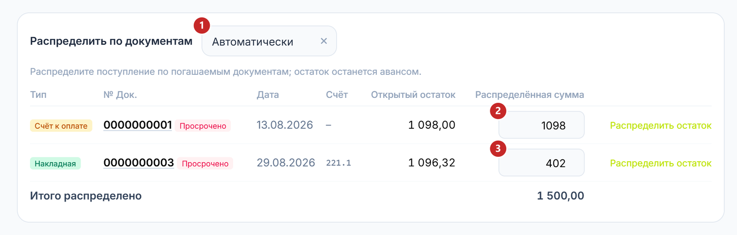 Распределение в режиме «Автоматически»: счёт к оплате забирает сумму раньше накладной