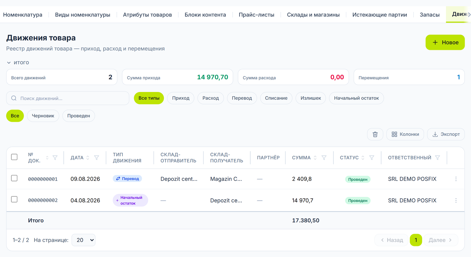 Реестр движений товара